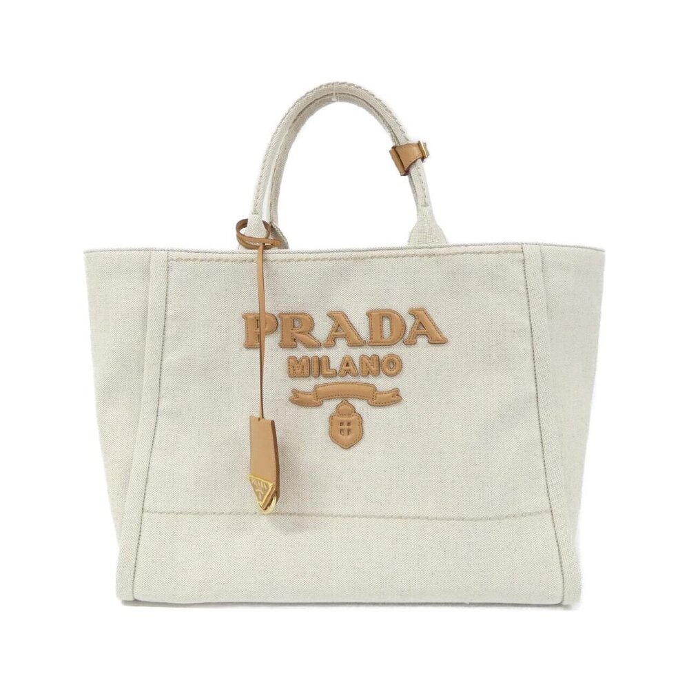 Prada Jardiniere Tote Bag beige canvas cognac lettering